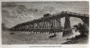 Eine Holzbrücke über die Donau, zwischen Passau und Wien, Zeichnung von Lancelot, zur Illustration von Victor Duruy