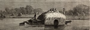 Schneiden, Ernten und Transportieren von Futter am Ufer der Donau. Zeichnung von Lancelot, zur Illustration seiner Reise von Paris nach Bukarest im Jahr 1860. Gravur in „Le tour du monde“, herausgegeben von Edouard Charton von Dieudonne Auguste Lancelot