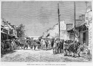 Französische Residenz in Hanoi. Gravur von Lancelot, nach einem Foto, zur Illustration der Geschichte „Dreißig Monate in Tonkin“ 1884, von Doktor Hocquard, in Le Tour du monde 1889, herausgegeben von Edouard Charton (1807-1890), Hachette, Paris.