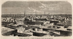 Gesamtansicht von Tripolis, Zeichnung von Lancelot, zur Illustration der Tripolitanischen Spaziergänge im Jahr 1860 von Baron de Krafft. Gravur in „Le tour du monde“ 1861. Sammlung Selva