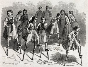 Das Spiel der Stelzen in Ulm, entworfen von Lancelot, zur Illustration der Reise von Victor Duruy von Paris nach Bukarest im Jahr 1860. Gravur in „Le tour du monde“, herausgegeben von Edouard Charton