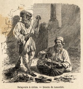 Die Straßenkehrer in Orezu (Rumänien). Gravur zur Illustration der Reise von Paris nach Bukarest, von Lancelot, Zeichner, 1860, veröffentlicht in „Le tour du monde, nouveau journal des voyages“, unter der Leitung von Edouard Charton