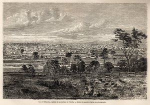 Ansicht von Melbourne (Australien), Zeichnung von Lancelot zur Illustration der Erinnerungen eines französischen Squatters in Australien von 1854-1859, von M. de Castella. Gravur in „Le tour du monde“ 1861. Selvas Sammlung.