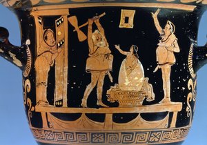 Rotfiguriger Glockenkrater: Szene aus einem Theaterstück (Detail) von Dijon Painter