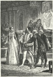 Der Earl of Essex droht, sein Schwert zu ziehen, nachdem Königin Elisabeth I. ihm wegen seiner Unverschämtheit eine Ohrfeige gegeben hat, 1598 von Diogene Ulysse Napoleon Maillart