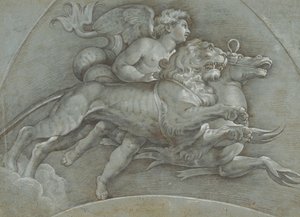 Ein geflügelter Putto reitet auf einem Seepferdchen und einem Löwen nach Raphael von Dionisio Calvaert