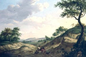 Eine bewaldete Landschaft mit Hirten und Tieren auf einem Felsen