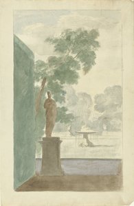 Entwurf für eine Wanddekoration in einer Halle: Blick auf einen Garten mit Statue, Brunnen und Urnen von Dionys van Nijmegen (possibly)