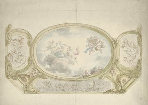Entwurf für eine Deckenmalerei: Oval mit allegorischer Darstellung, umgeben von Szenen mit Putti von Dionys van Nijmegen (possibly)