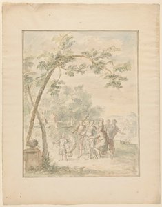 Entwurf für eine Zimmerbemalung einer Landschaft mit einer Gruppe von Personen von Dionys van Nijmegen