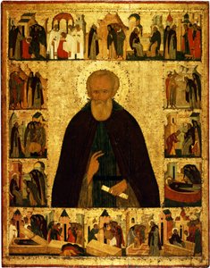 Heiliger Dmitry Prilutsky mit Szenen aus seinem Leben, ca. 1503