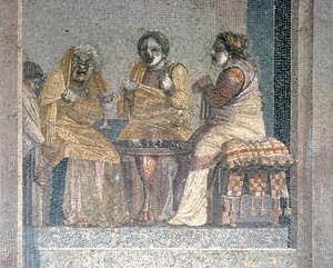 Römisches Mosaik einer Szene aus einem Stück mit maskierten Schauspielern, Villa von Cicero, Pompeji
