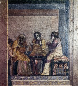 Römisches Mosaik einer Szene aus einem Theaterstück mit maskierten Schauspielern, Villa von Cicero, Pompeji