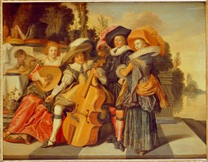 Elegante Figuren machen Musik auf einer Terrasse am See von Dirck Hals