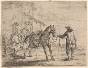 Ein pissendes Pferd, gehalten von einem Mann