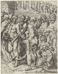 Heilung der Frau, die an Blutungen litt (Der Fall und die Erlösung der Menschheit durch das Leben und die Passion Christi) von Dirck Volckertsz. Coornhert (attributed to)