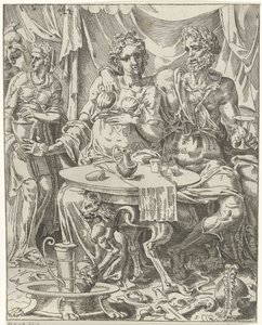 Judit und Holofernes genießen ein Festmahl von Dirck Volckertsz. Coornhert (attributed to)