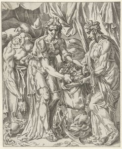 Judith steckt das Haupt von Holofernes in einen Sack Judith und Holofernes (Serientitel) von Dirck Volckertsz. Coornhert (attributed to)