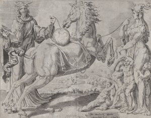 Törichtes Wissen und törichte Liebe versuchen, die Welt zurückzuhalten, aus Die ungebändigte Welt..., 1550