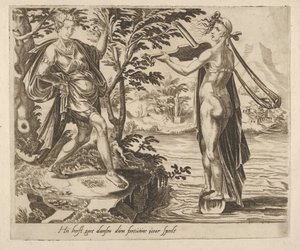 Derjenige, dem das Glück spielt, wird fröhlich tanzen aus Sechs Sprüchen über das Glück, ca. 1560 von Dirck Volkertsen Coornhert