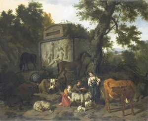 Landschaft mit Hirten und Vieh in der Nähe eines Grabmals von Dirck van Bergen