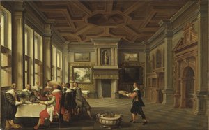 Vornehme Gesellschaft beim Abendessen im Innenraum von Dirck van Delen