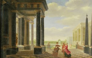 Figuren im Gespräch in einer klassischen Umgebung von Dirck van Delen