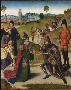 Das Abendmahl Altarbild: Begegnung von Abraham und Melchisedek linker Flügel, 1464-1468 von Dirk Bouts
