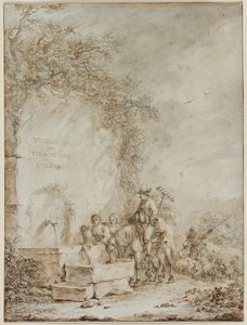 Frontispiz für ein Album von Zeichnungen: Bauern an einem Brunnen (recto) von Dirk Langendijk