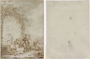 Frontispiz für ein Album von Zeichnungen: Bauern an einem Brunnen (recto) Skizze von Bauern an einem Brunnen (verso) von Dirk Langendijk