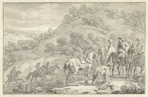 Berglandschaft mit abgestiegenem Reiter und anderen Jägern zu Pferd von Dirk Maas