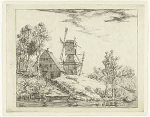 Landschaft mit Bauernhof und Mühle in Holstein von Dirk Vis Blokhuyzen