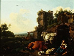 Landschaft mit Schäferin, ca. 1670 von Dirk van Berghen