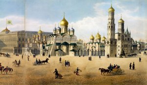 Kathedralen der Verkündigung und des Erzengels, aus einem Panorama von Moskau, graviert von Philippe Benoist und Aubrun