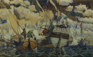 Peter I und Lefort. Die Flotte von Peter I auf dem Pleshcheyevo-See, 1927 von Dmitri Nikolayevich Kardovsky
