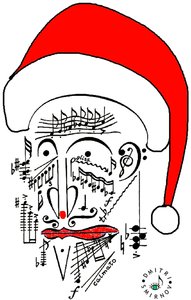 Musikalischer Weihnachtsmann - der Kopf des Weihnachtsmanns gezeichnet mit musikalischer Notation und mit rotem Hut