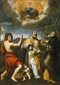 Die Madonna von Loreto erscheint dem hl. Johannes dem Täufer, dem hl. Eligius und dem hl. Antonius Abt