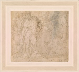 Beccafumi - Stehender männlicher Akt in einer Gruppe von Figuren, eine davon liegend, ca. 1530-1540 von Domenico Beccafumi