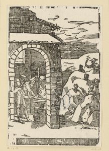 Der Ruf der Metalle. Hephaistos (Vulkan) und ein Gelehrter stehen am Feuer einer Schmiede, während draußen in den Felsen die Götter (als Repräsentanten der Metalle) versteckt sind: Saturn (Blei), Jupiter (Zinn), Venus (Kupfer), Luna (Silber), Merkur (Queck
