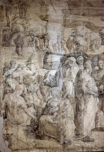 Geschichte von Moses auf dem Berg Sinai: Die Hebräer erwarten die Rückkehr von Moses. Vorbereitende Zeichnung für den Boden der Kathedrale von Siena von Domenico Beccafumi