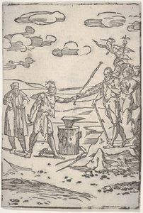 Der Fälscher steht neben einem Amboss und zieht einen Mann in Ketten, aus "Die verschiedenen Operationen der Alchemie"