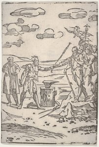 Der Fälscher steht neben einem Amboss und zieht einen Mann in Ketten, aus der Serie Die verschiedenen..., ca. 1540-1550 von Domenico di Pace Beccafumi  