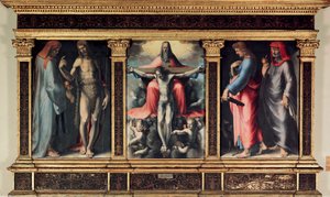 Triptychon der Dreifaltigkeit: Heiliger Cosimo, Johannes der Täufer, die Dreifaltigkeit, Johannes der Evangelist und Heiliger Damian von Domenico Beccafumi