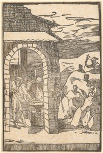 Vulkan und der Philosoph (Teoria) arbeiten in der Schmiede, während draußen die Metalle sich in den Felsen verstecken, Blatt 1 der Folge "De la Pirotechnia" von Domenico Beccafumi