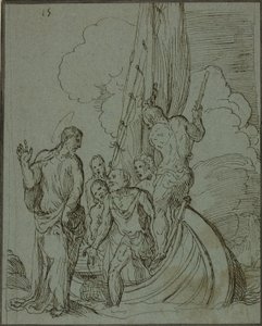 Christus geht auf dem Wasser, Petrus folgt von Domenico Campagnola
