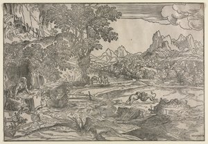Landschaft mit Heiligem Hieronymus und zwei Löwen von Domenico Campagnola