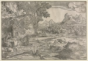 Landschaft mit dem heiligen Hieronymus und zwei Löwen, ca. 1530-35 von Domenico Campagnola