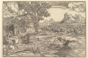 Landschaft mit dem Heiligen Hieronymus links, der auf einen Löwen und einen Bären schaut, die in der Mitte kämpfen..., ca. 1530-35 von Domenico Campagnola
