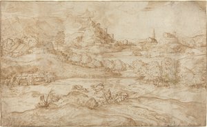 Landschaft mit Hirten, die einen Wolf vertreiben