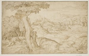 Landschaft mit einer Stadt und einem schlafenden Hirten von Domenico Campagnola